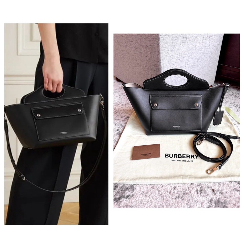 SOLD❗️❗️FIRM! Burberry Black Leather Soft Pocket Top Handle Crossbody Stitch - Picture 1 of 16